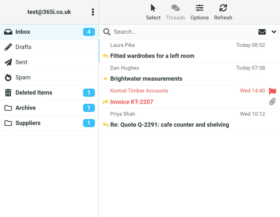 The same inbox after filing: 4 messages left, all unread, Kestrel's invoice flagged in red, and new Archive and Suppliers folders in the folder list.