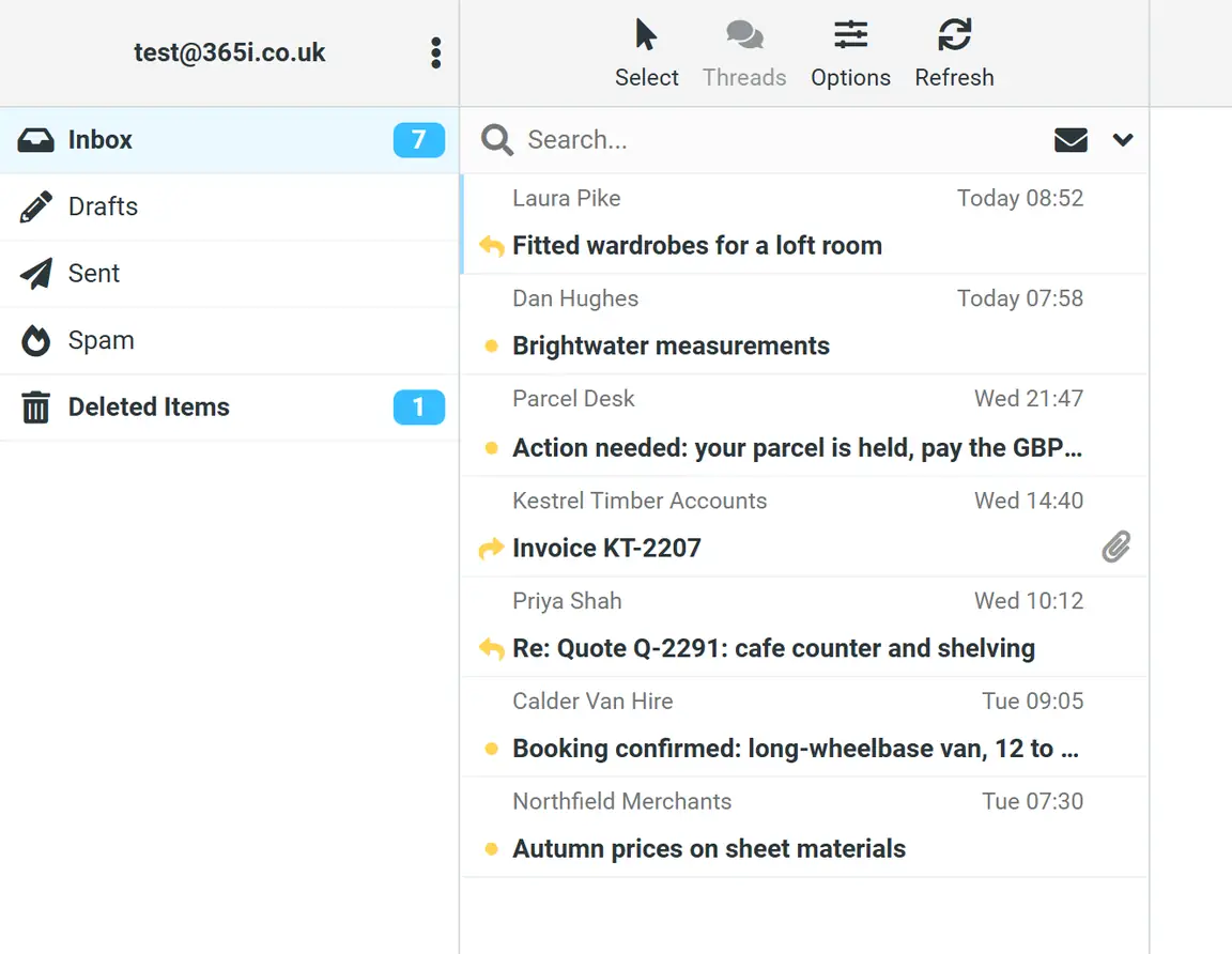 Webmail inbox with 7 messages, all in bold as unread: reply arrows on Laura Pike's and Priya Shah's messages and a forward arrow on Kestrel's invoice.