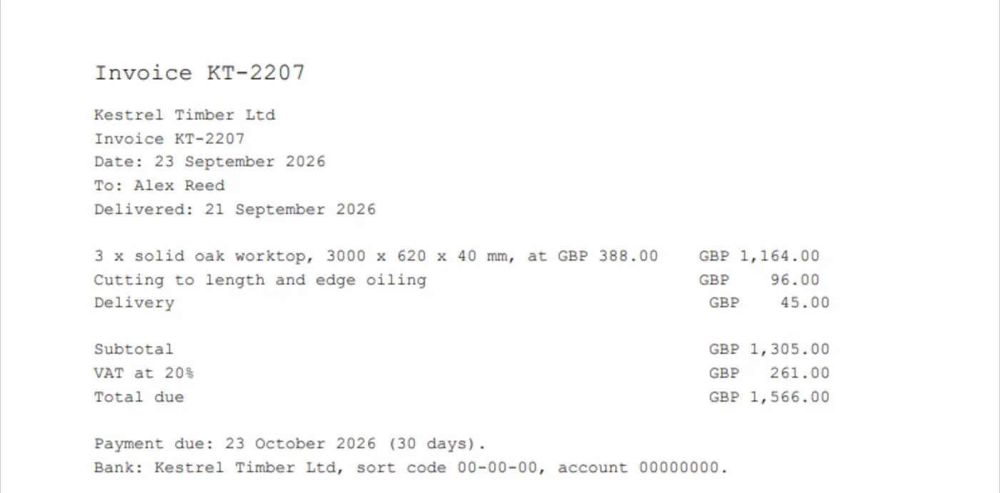 The Kestrel Timber invoice KT-2207 opened in webmail's PDF viewer: 3 oak worktops, cutting and delivery, subtotal GBP 1,305.00, VAT GBP 261.00, total due GBP 1,566.00, payment due 23 October 2026.