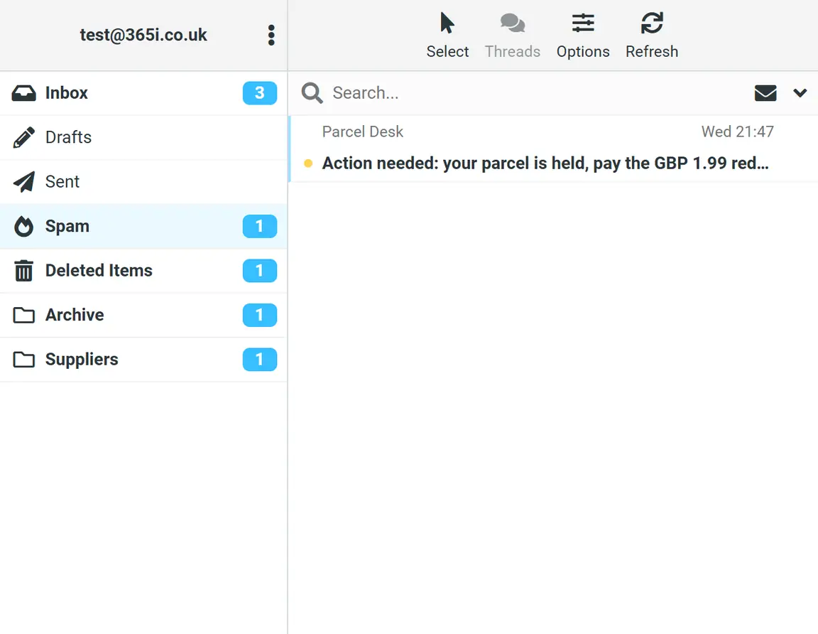 Webmail showing the Spam folder holding the parcel redelivery-fee message.