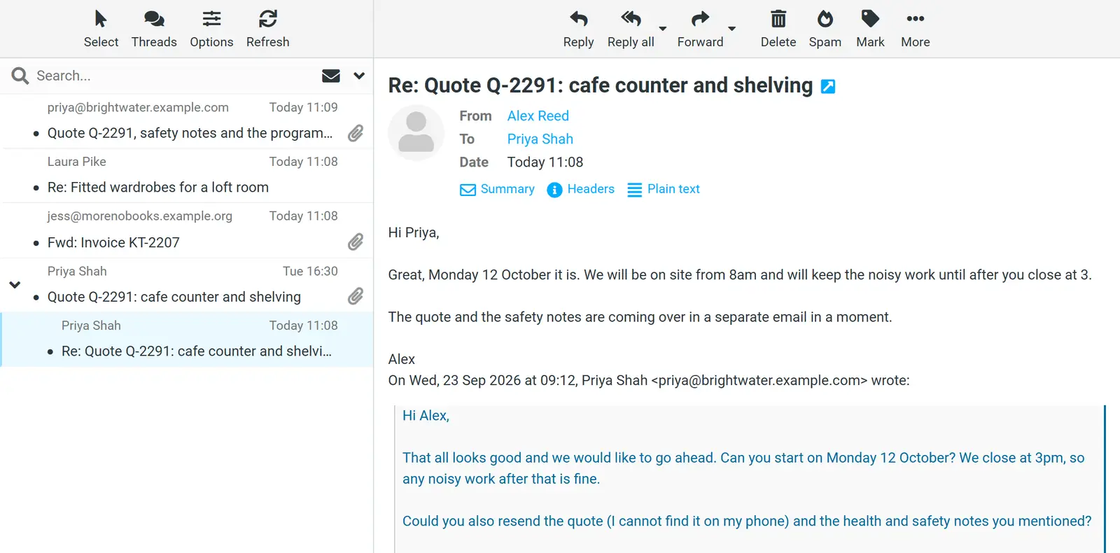 Webmail showing the Sent folder in threaded view: the reply "Re: Quote Q-2291: cafe counter and shelving" nested under the original quote, and open beside it with Priya Shah's message quoted beneath it.