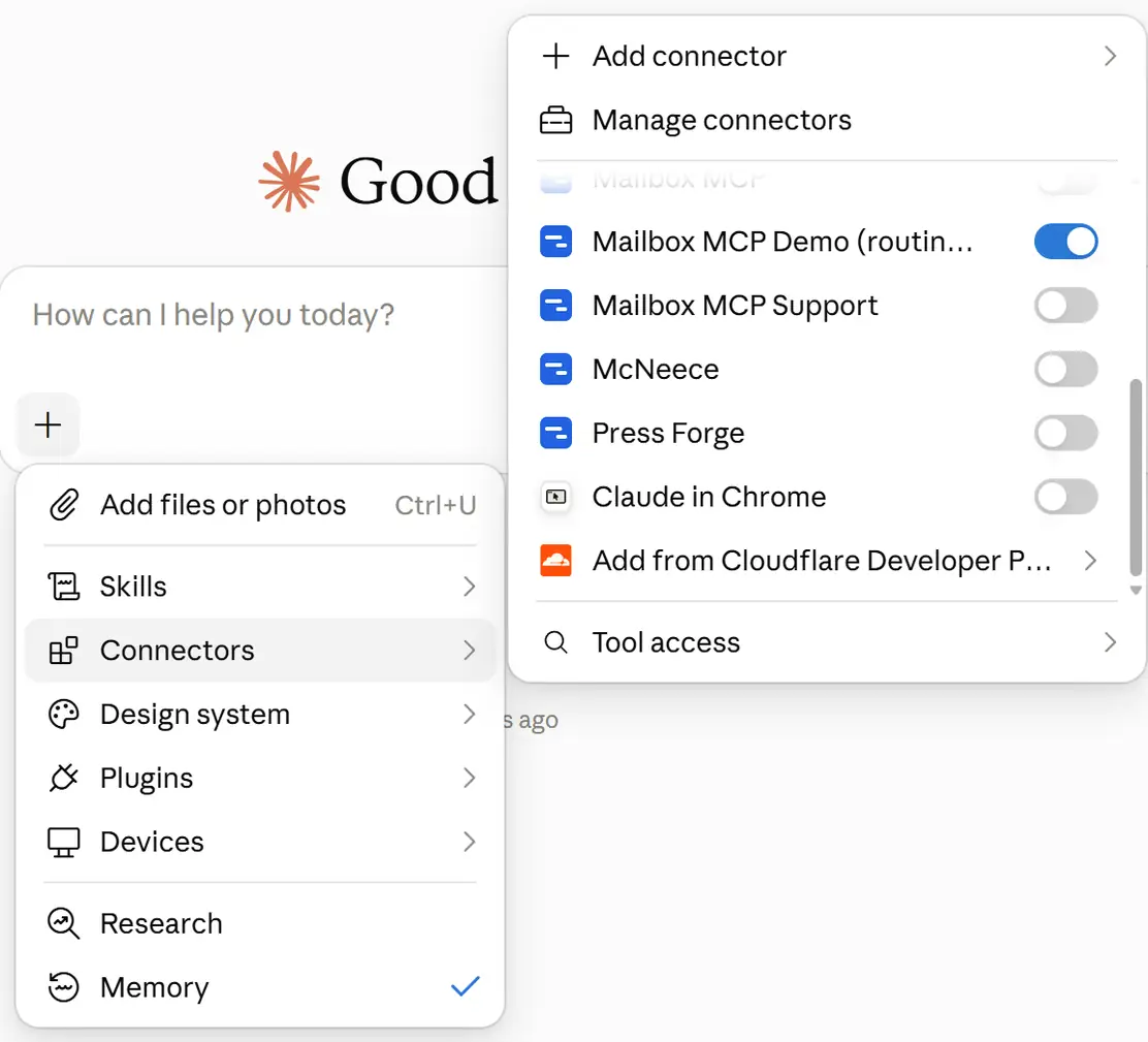 Claude Cowork email connector switch, 6 October 2026: the message box + menu open on Connectors, with Add connector, Manage connectors, the Mailbox MCP Demo connector switched on and the other mailbox connectors off, and Tool access at the bottom.