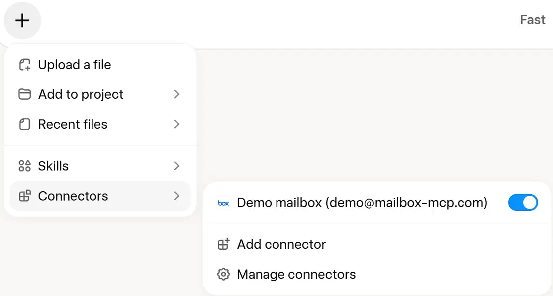 Using the Grok email connector in a chat, 9 October 2026: the + menu open at Connectors, showing Demo mailbox (demo@mailbox-mcp.com) with its switch on, then Add connector and Manage connectors.