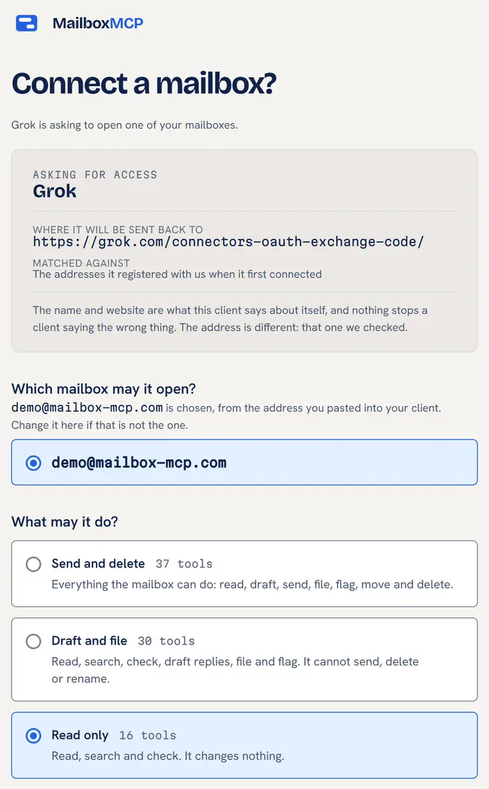 Connect Grok to your email: the Mailbox MCP consent screen opened from Grok, 9 October 2026, headed Connect a mailbox?, with Grok asking for access, its return address on grok.com, demo@mailbox-mcp.com chosen, and Read only selected below Send and delete and Draft and file.
