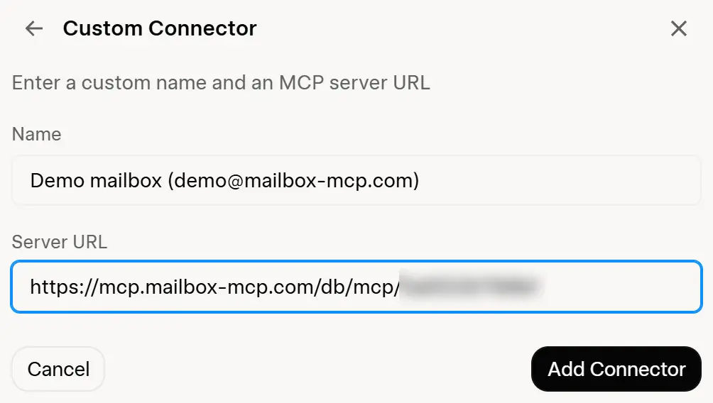 Adding Mailbox MCP to Grok: the Custom Connector form, 9 October 2026, with Name filled in as Demo mailbox (demo@mailbox-mcp.com), Server URL set to the mailbox's mcp.mailbox-mcp.com address with its key blurred, and Cancel and Add Connector buttons.
