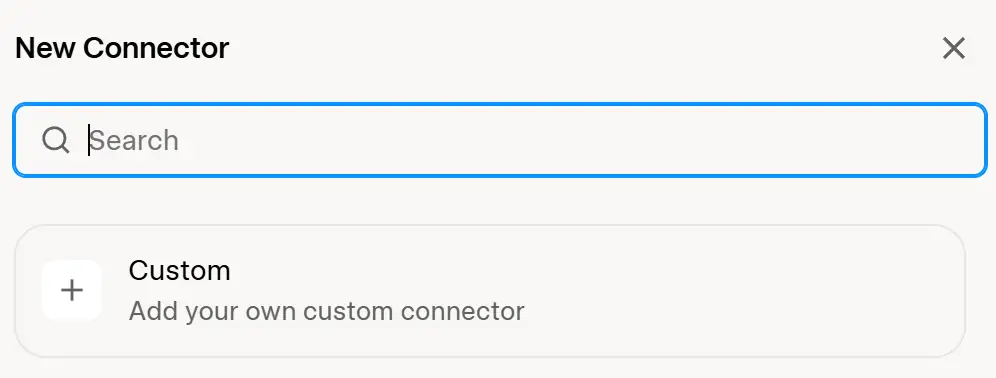 Grok custom connector: the New Connector dialog on 9 October 2026, with a search box and, at the top of the list, Custom, Add your own custom connector.