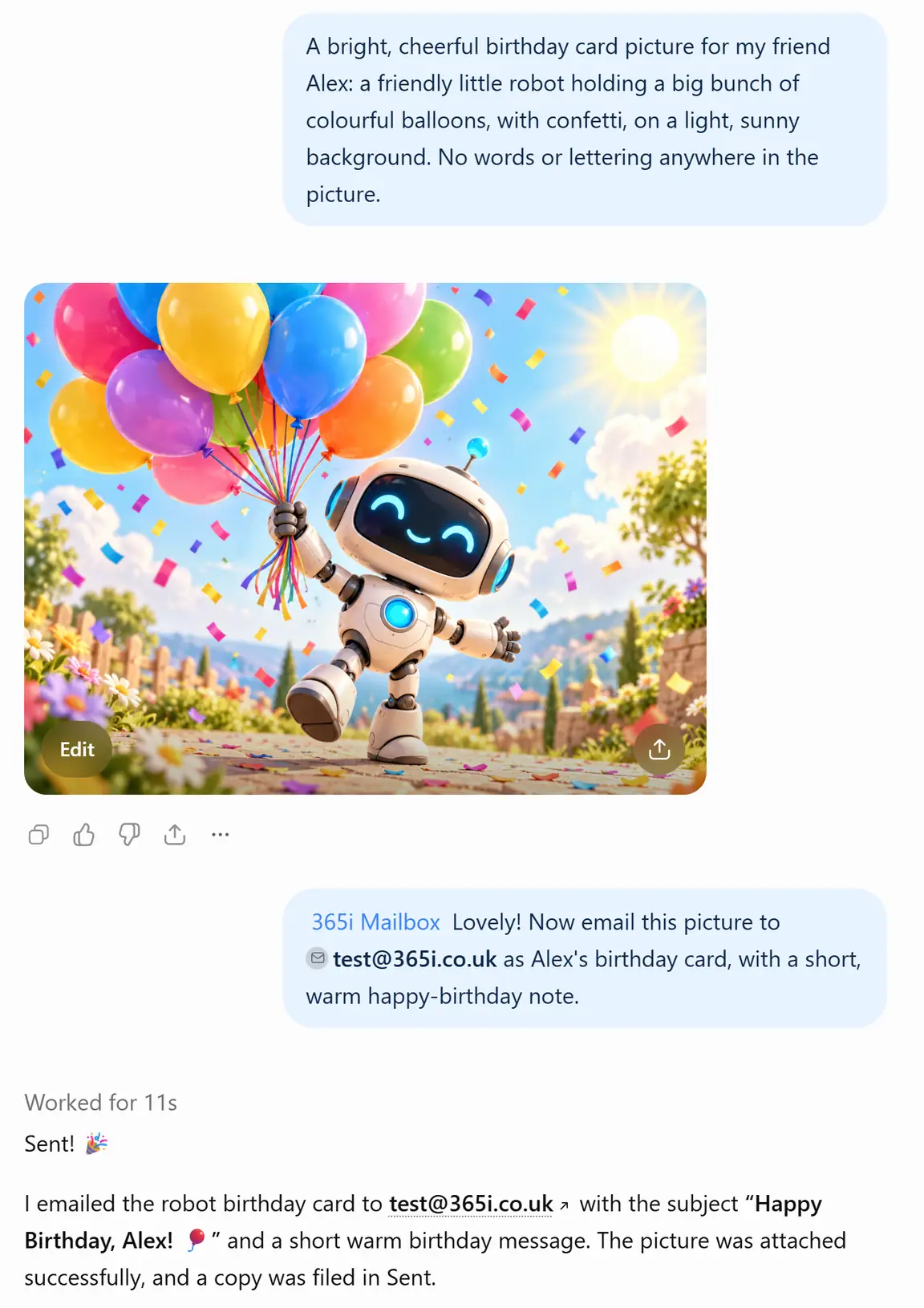 ChatGPT asked for a bright birthday card picture for Alex draws a smiling robot holding colourful balloons; asked, with the 365i Mailbox connector, to email it to test@365i.co.uk, it replies that it was sent with the picture attached and a copy filed in Sent.