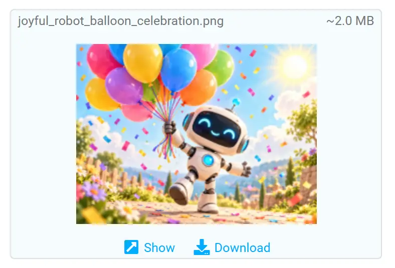 The delivered message's attachment card in webmail: joyful_robot_balloon_celebration.png, about 2.0 MB, showing the same robot-and-balloons picture with Show and Download links.