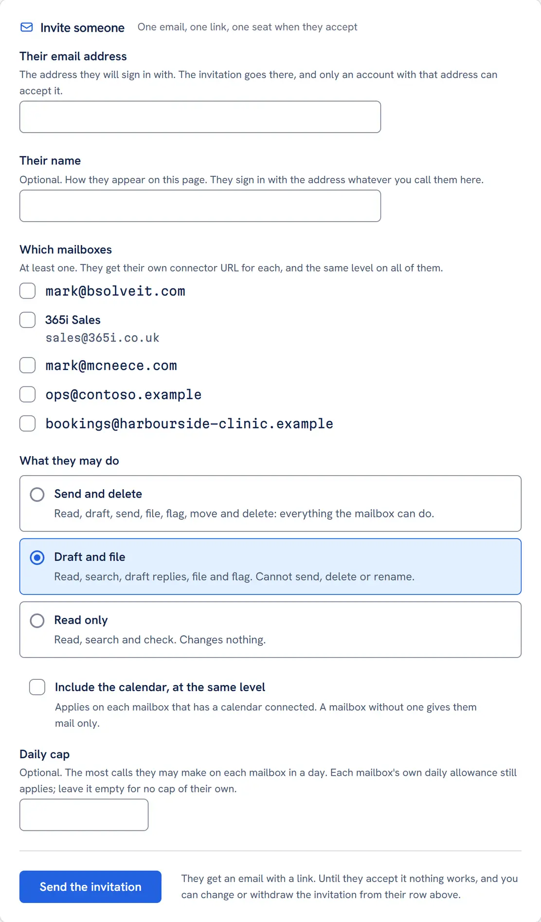 The Invite someone form on the People tab: fields for their email address and name, a list of the account's mailboxes with a tick box each, the 3 levels as cards with Draft and file selected, an Include the calendar tick box, a Daily cap field described as the most calls they may make on each mailbox in a day, and a Send the invitation button.