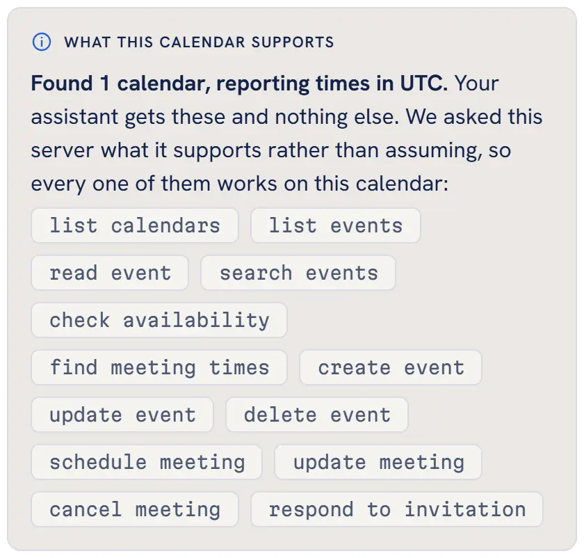 What this calendar supports, from the Mailbox MCP control panel: found 1 calendar, reporting times in UTC, and the abilities the server answered for, from list calendars, list events and check availability to schedule meeting, cancel meeting and respond to invitation.