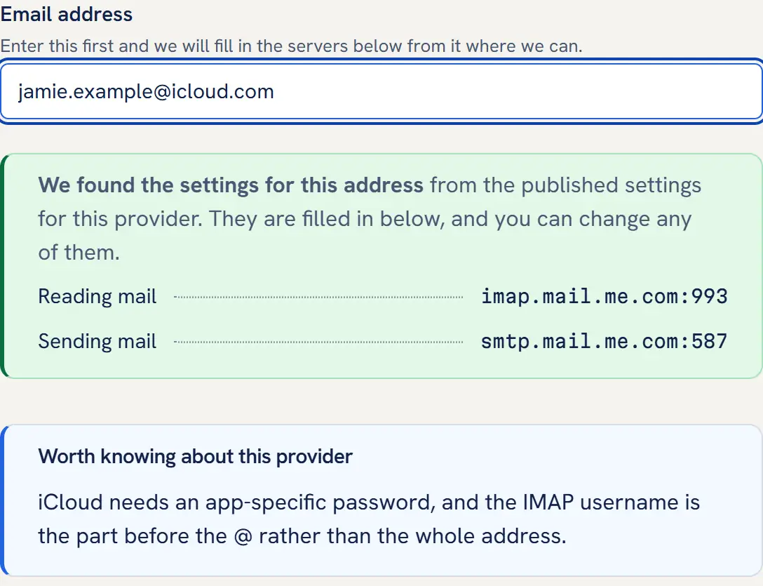 The Mailbox MCP control panel after Find my settings for an @icloud.com address: imap.mail.me.com on port 993 and smtp.mail.me.com on port 587 filled in, with a note that iCloud needs an app-specific password.