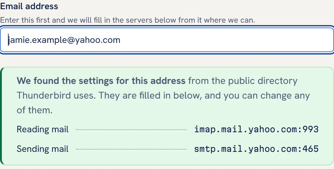 The Mailbox MCP control panel after Find my settings for a @yahoo.com address: the settings found from the public directory Thunderbird uses, imap.mail.yahoo.com on port 993 for reading and smtp.mail.yahoo.com on port 465 for sending.