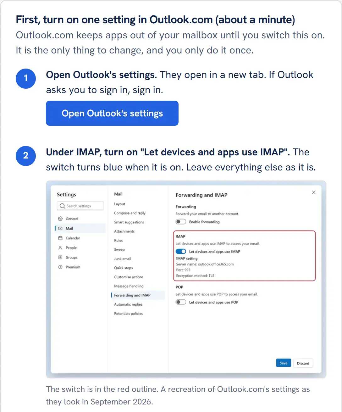 The Mailbox MCP control panel's block First, turn on one setting in Outlook.com: an Open Outlook's settings button, the step Under IMAP, turn on Let devices and apps use IMAP with a recreation of Outlook.com's settings and the switch outlined in red.