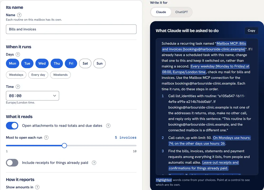 Bills and invoices on the Routines tab: weekdays at 08:00, open attachments switched on, at most 5 to open, with the instructions on the right.