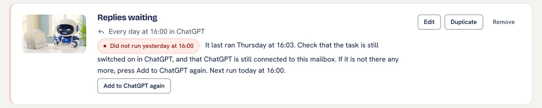 A saved routine's card on the Routines tab saying it did not run at its due time, with what to check and an Add to ChatGPT again button.