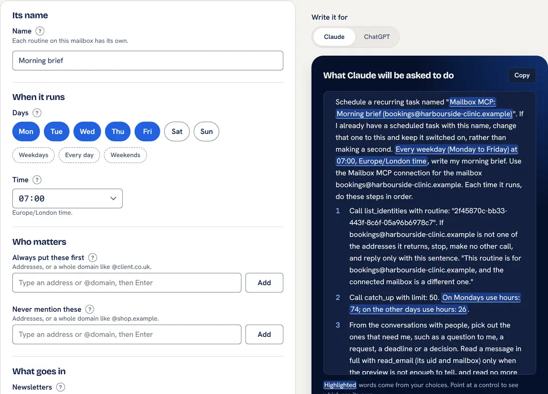 The Morning brief on the Routines tab: its name, Monday to Friday chosen, 07:00 in Europe/London time, and the instructions Claude will be given on the right with the parts from those choices highlighted.