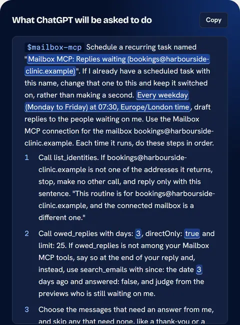 The instructions ChatGPT will be given for Replies waiting, beginning with the $mailbox-mcp prefix and "Schedule a recurring task named Mailbox MCP: Replies waiting", with the steps to find, read and draft listed below.